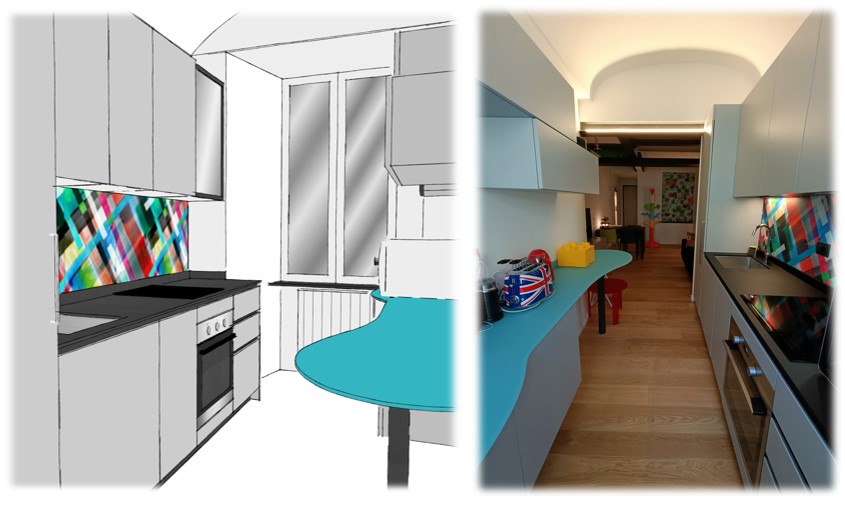 Cucina Modulnova con top Fenix e snack vetro